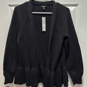 Cardigan sweater black w/silver thread thru out,no buttons,eyelet,ruffle hem NWT
